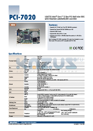 PCI-7020F-00A1E datasheet - LGA775 Intel^ Core 2 Duo PCI Half-size SBC with VGA/GbE LAN/SATA/DVI and SSD