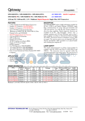 SPB-9820BMWG datasheet - 1310 nm TX / 1490 nm RX , 3.3V / Multirate Digital Diagnostic Single-Fiber SFP Transceiver