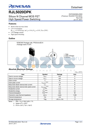 RJL5020DPK datasheet - Silicon N Channel MOSFET High Speed Power Switching