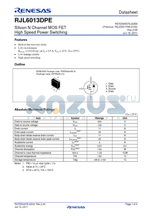 RJL6013DPE datasheet - Silicon N Channel MOS FET High Speed Power Switching