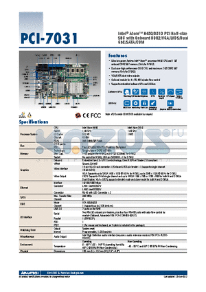 PCI-7031N-S6A1E datasheet - Intel^ Atom N450/D510 PCI Half-size SBC with Onboard DDR2/VGA/LVDS/Dual GbE/SATA/COM