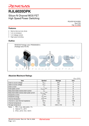 RJL6020DPK datasheet - Silicon N Channel MOSFET High Speed Power Switching