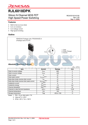 RJL6018DPK-00-T0 datasheet - Silicon N Channel MOS FET High Speed Power Switching