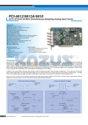PCI-9810 datasheet - 4-CH 10/12-bit 20 MS/s Simultaneous-Sampling Analog Input Cards