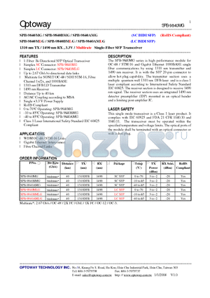 SPB-9840AMLG datasheet - 1310 nm TX / 1490 nm RX , 3.3V / Multirate Single-Fiber SFP Transceiver