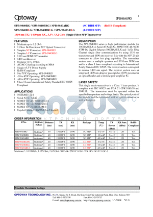 SPB-9840ARG datasheet - 1310 nm TX / 1490 nm RX , 3.3V / 3.2 Gb/s Single-Fiber SFP Transceiver