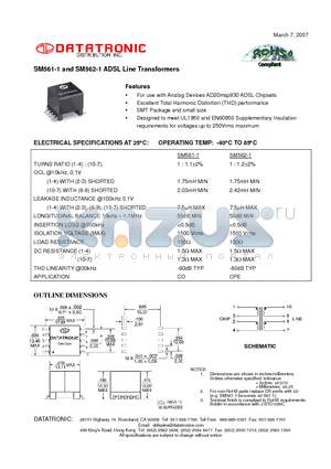SM561-1 datasheet - ADSL Line Transformers
