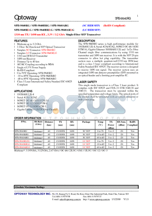 SPB-9840ARLG datasheet - 1310 nm TX / 1490 nm RX , 3.3V / 3.2 Gb/s Single-Fiber SFP Transceiver