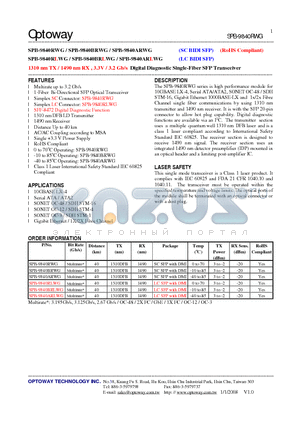 SPB-9840ARLWG datasheet - 1310 nm TX / 1490 nm RX , 3.3V / 3.2 Gb/s Digital Diagnostic Single-Fiber SFP Transceiver