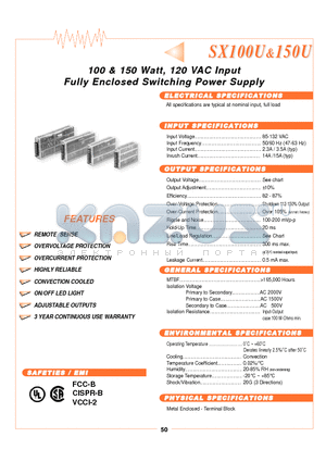 SX100U-05S datasheet - 100 & 150 Watt, 120 VAC Input Fully Enclosed Switching Power Supply