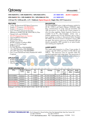 SPB-9840BMLWG datasheet - 1310 nm TX / 1490 nm RX , 3.3V / Multirate Digital Diagnostic Single-Fiber SFP Transceiver