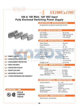 SX100U-15S datasheet - 100 & 150 Watt, 120 VAC Input Fully Enclosed Switching Power Supply