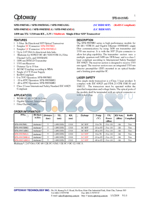 SPB-9905AMLG datasheet - 1490 nm TX / 1310 nm RX , 3.3V / Multirate Single-Fiber SFP Transceiver