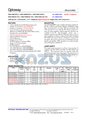 SPB-9905AMWG datasheet - 1490 nm TX / 1310 nm RX , 3.3V / Multirate Digital Diagnostic Single-Fiber SFP Transceiver