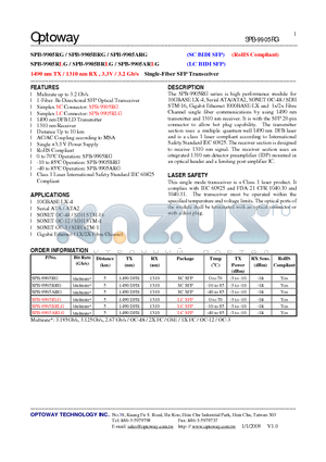 SPB-9905ARG datasheet - 1490 nm TX / 1310 nm RX , 3.3V / 3.2 Gb/s Single-Fiber SFP Transceiver