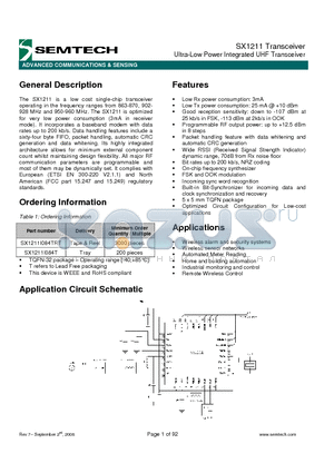 SX1211I084TRT datasheet - Ultra-Low Power Integrated UHF Transceiver