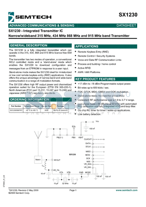 SX1230 datasheet - Integrated Transmitter IC Narrow/wideband 315 MHz, 434 MHz 868 MHz and 915 MHz band Transmitter