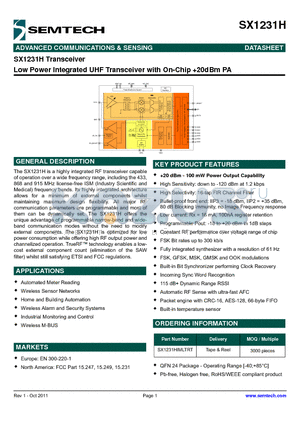 SX1231HIMLTRT datasheet - Low Power Integrated UHF Transceiver with On-Chip 20dBm PA