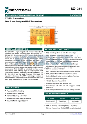 SX1231IMLTRT datasheet - Low Power Integrated UHF Transceiver