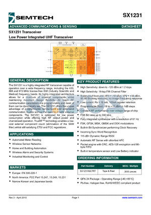 SX1231IMLTRT datasheet - Transceiver Low Power Integrated UHF Transceiver