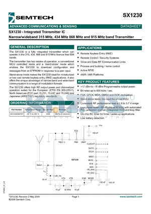 SX1230I066TRT datasheet - Integrated Transmitter IC Narrow/wideband 315 MHz, 434 MHz 868 MHz and 915 MHz band Transmitter