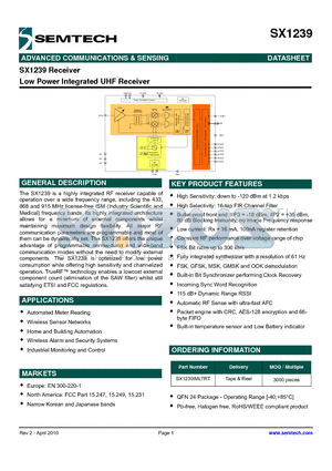 SX1239 datasheet - Low Power Integrated UHF Receiver