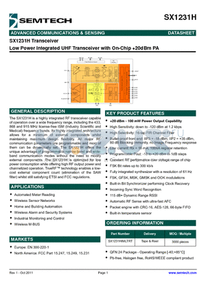 SX1231H datasheet - Low Power Integrated UHF Transceiver with On-Chip 20dBm PA