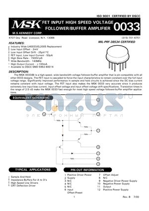 MSK0033 datasheet - FET INPUT HIGH SPEED VOLTAGE FOLLOWER/BUFFER AMPLIFIER