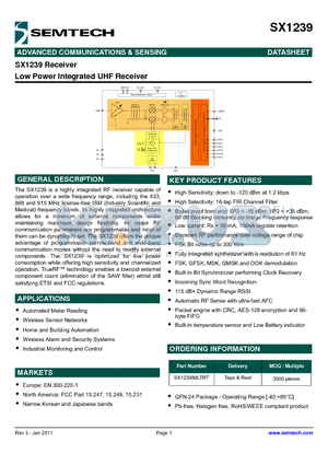 SX1239_11 datasheet - Low Power Integrated UHF Receiver