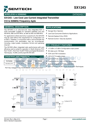 SX1243 datasheet - Low Cost Low Current Integrated Transmitter 310 to 928MHz Frequency Agile