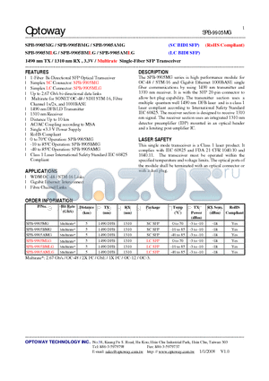 SPB-9905MG_08 datasheet - 1490 nm TX / 1310 nm RX , 3.3V / Multirate Single-Fiber SFP Transceiver