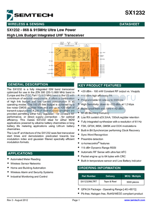 SX1233_12 datasheet - High Link Budget Integrated UHF Transceiver