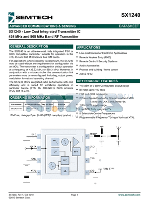 SX1240 datasheet - Low Cost Integrated Transmitter IC 434 MHz and 868 MHz Band RF Transmitter