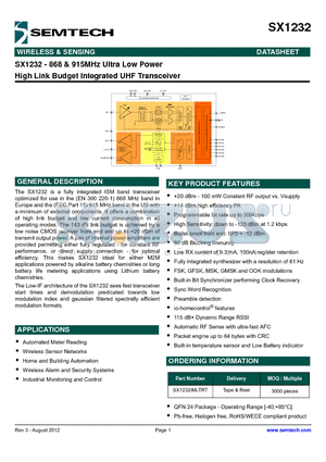 SX1232 datasheet - High Link Budget Integrated UHF Transceiver