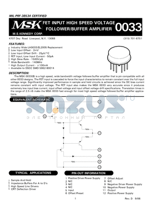 MSK0033E datasheet - FET INPUT HIGH SPEED VOLTAGE FOLLOWER/BUFFER AMPLIFIER