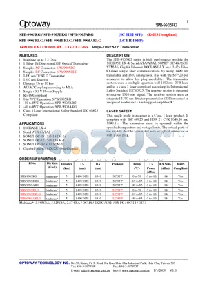 SPB-9905RLG datasheet - 1490 nm TX / 1310 nm RX , 3.3V / 3.2 Gb/s Single-Fiber SFP Transceiver