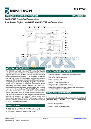 SX1257 datasheet - Low Power Digital I and Q RF Multi-PHY Mode Transceiver