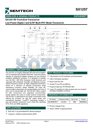SX1257IWLTRT datasheet - Low Power Digital I and Q RF Multi-PHY Mode Transceiver