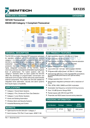 SX1235 datasheet - EN300 220 Category 1 Compliant Transceiver