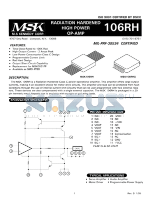 MSK106RH datasheet - RADIATION HARDENED HIGH POWER OP-AMP