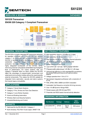 SX1235IMLTRT datasheet - EN300 220 Category 1 Compliant Transceiver