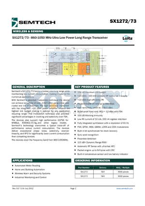 SX1272 datasheet - 860-1050 MHz Ultra Low Power Long Range Transceiver