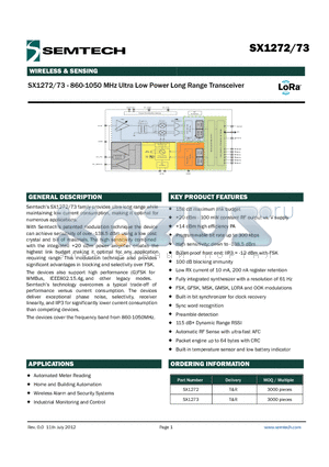SX1273 datasheet - 860-1050 MHz Ultra Low Power Long Range Transceiver