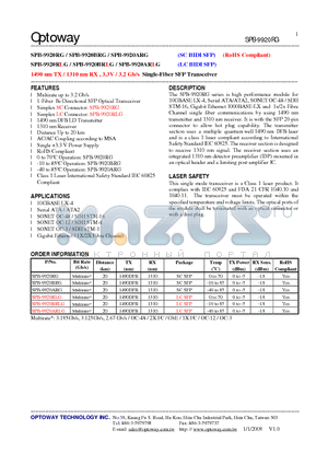 SPB-9920ARLG datasheet - 1490 nm TX / 1310 nm RX , 3.3V / 3.2 Gb/s Single-Fiber SFP Transceiver