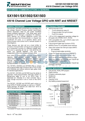 SX1502 datasheet - 4/8/16 Channel Low Voltage GPIO with NINT and NRESET