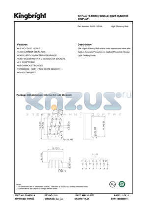 SA05-11EWA datasheet - 12.7mm (0.5INCH) SINGLE DIGIT NUMERIC DISPLAY