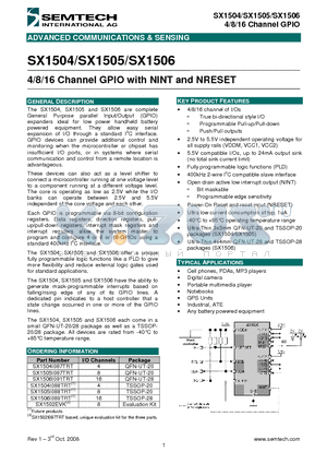 SX1504 datasheet - 4/8/16 Channel GPIO with NINT and NRESET