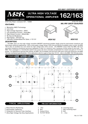 MSK162B datasheet - ULTRA HIGH VOLTAGE OPERATIONAL AMPLIFIER