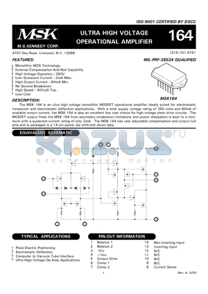 MSK164 datasheet - ULTRA HIGH VOLTAGE OPERATIONAL AMPLIFIER