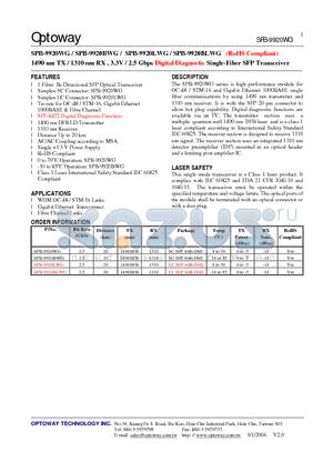 SPB-9920BWG datasheet - 1490 nm TX / 1310 nm RX , 3.3V / 2.5 Gbps Digital Diagnostic Single-Fiber SFP Transceiver